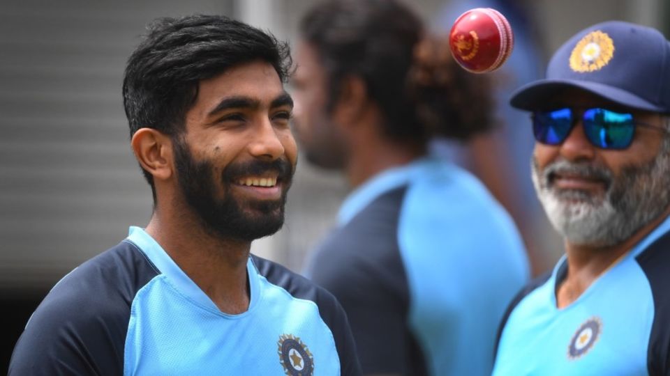 Jasprit Bumrah and B Arun are all smiles