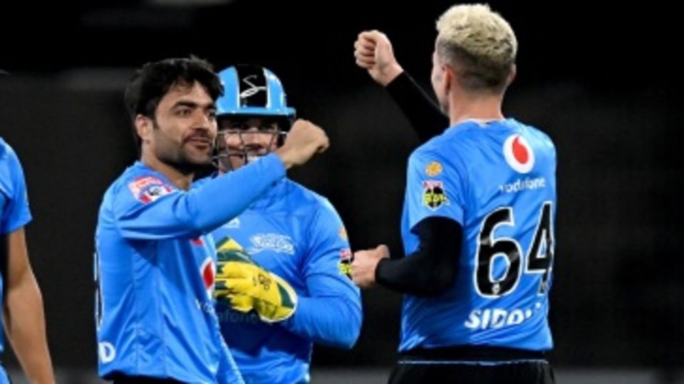 Rashid Khan celebrates after taking a wicket
