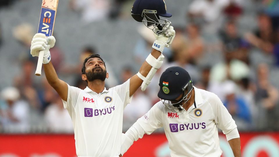 Ajinkya Rahane takes a moment after a hard-fought century