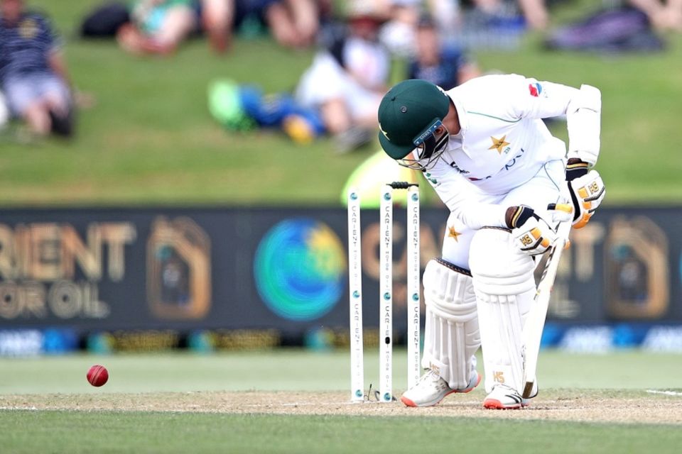 Abid Ali looks back after being bowled by Kyle Jamieson