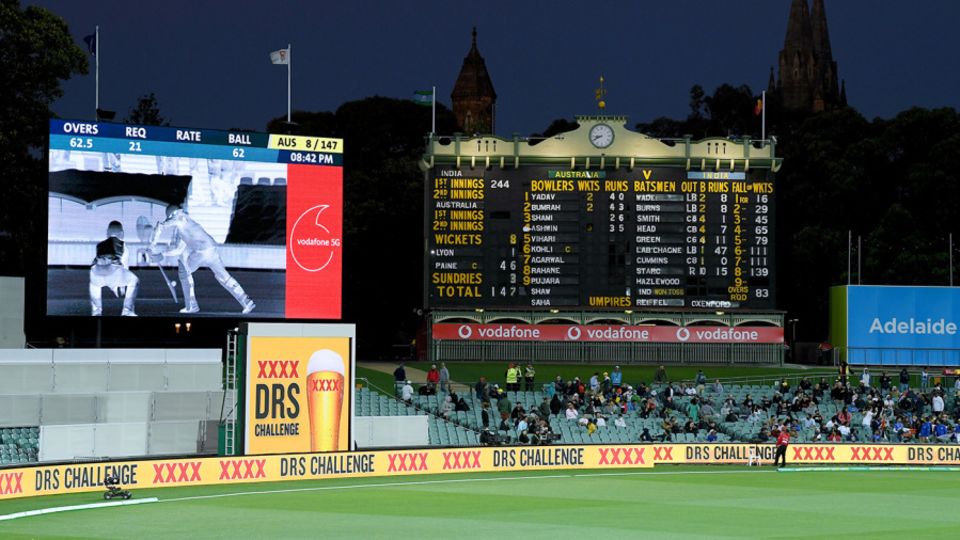 A replay of a DRS review shown on the big screen