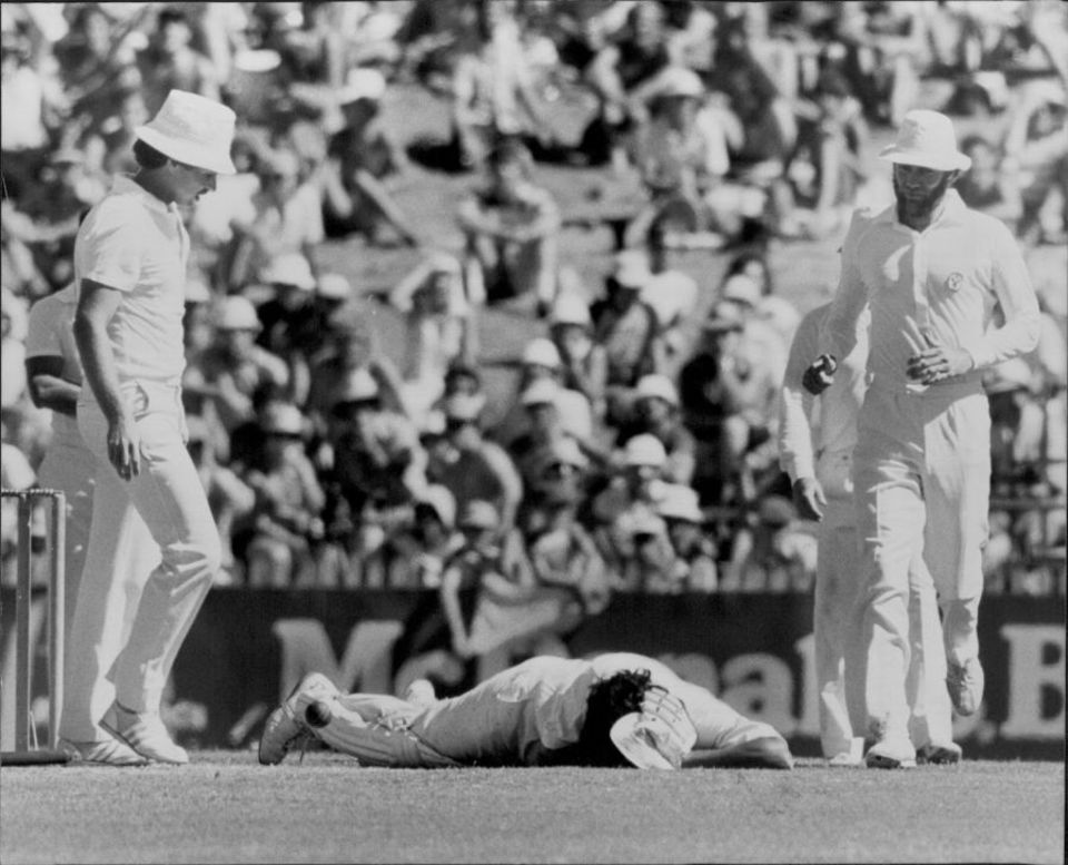 Sandeep Patil is felled by Len Pascoe in Sydney in 1981