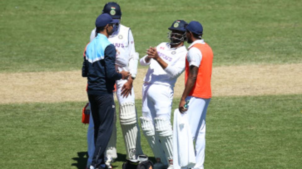 Ravindra Jadeja gets some medical attention on his left thumb