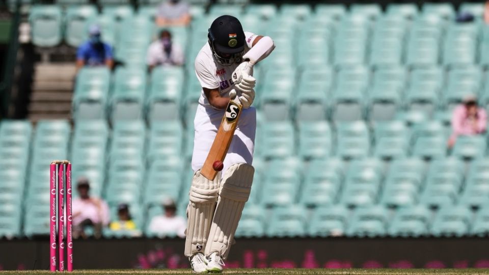 Cheteshwar Pujara plays a defensive shot during his 176-ball innings