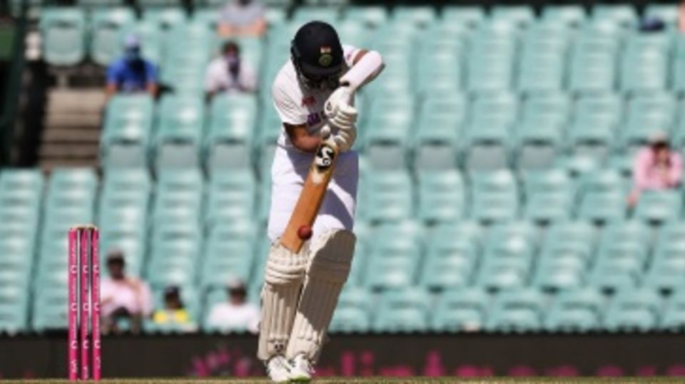 Cheteshwar Pujara plays a defensive shot during his 176-ball innings