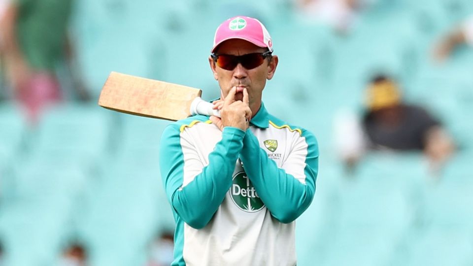 Justin Langer keeps an eye on an Australian training session
