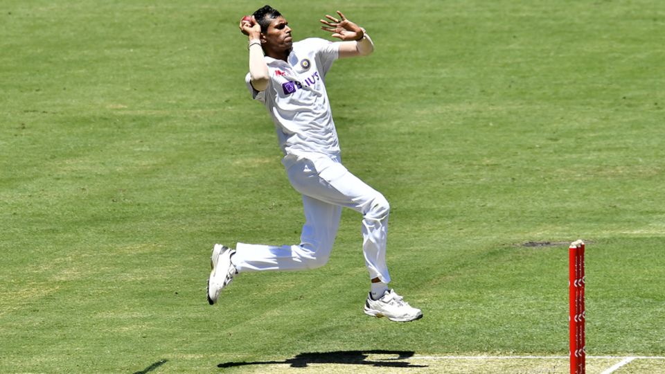 Navdeep Saini in his pre-delivery leap