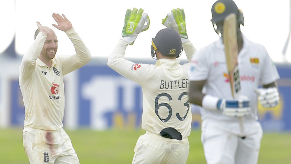 Jack Leach celebrates after taking his fifth wicket