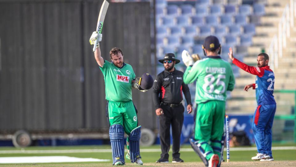 Paul Stirling celebrates reaching a second successive century against Afghanistan