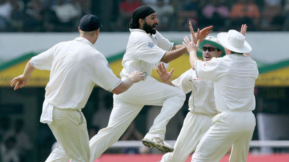 Monty Panesar celebrates after claiming Sachin Tendulkar as his first Test wicket