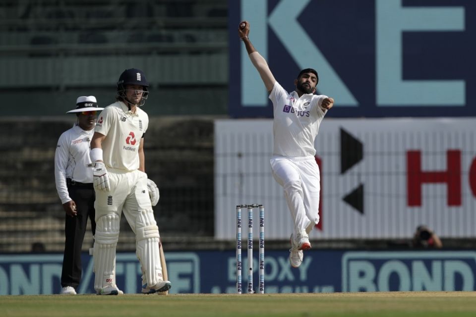 Bumrah in his delivery stride on the first day