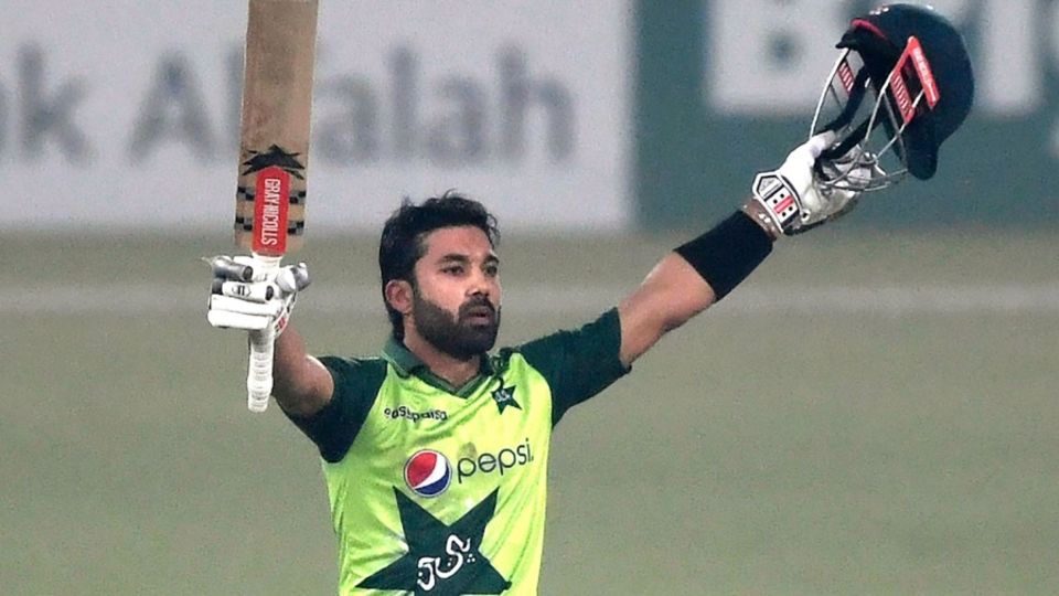 Mohammad Rizwan celebrates his first T20I hundred