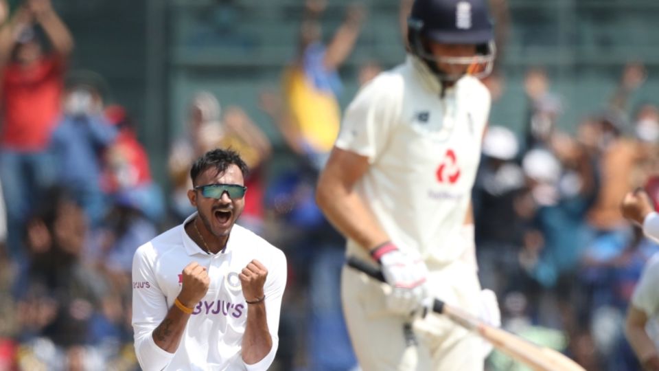 Axar Patel exults after claiming Joe Root for his maiden Test wicket