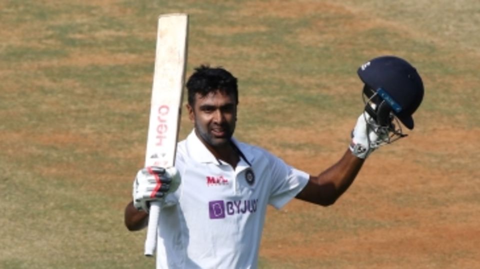 R Ashwin celebrates his fifth Test hundred