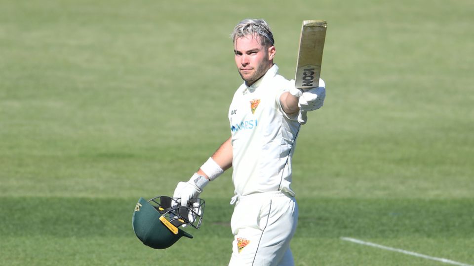 A breakthrough: Caleb Jewell celebrates his maiden first-class hundred