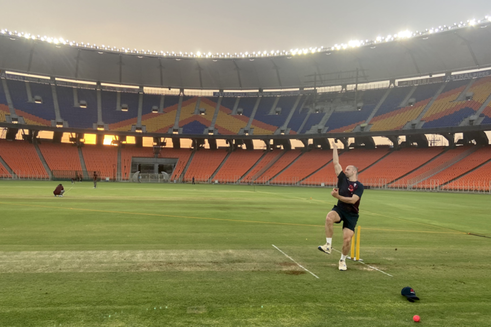 Jack Leach gets used to conditions at the new 110,000-seater stadium at Motera