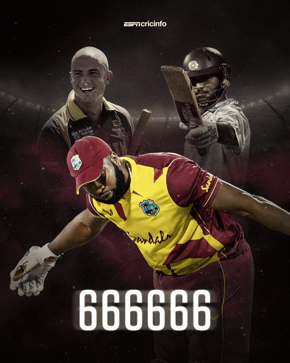 Kieron Pollard became the third batsman to hit six sixes in an over in international cricket