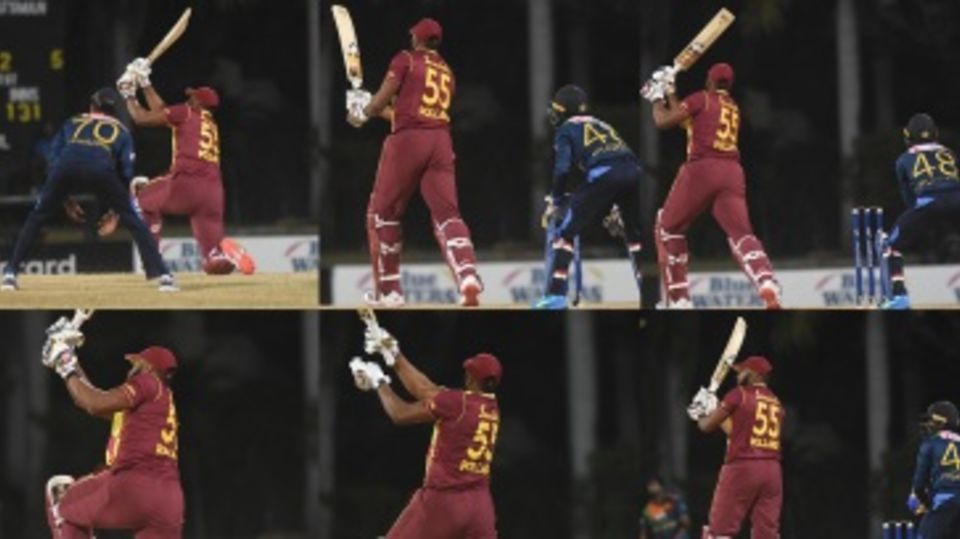 A composite of Kieron Pollard's six sixes off Akila Dananjaya's over