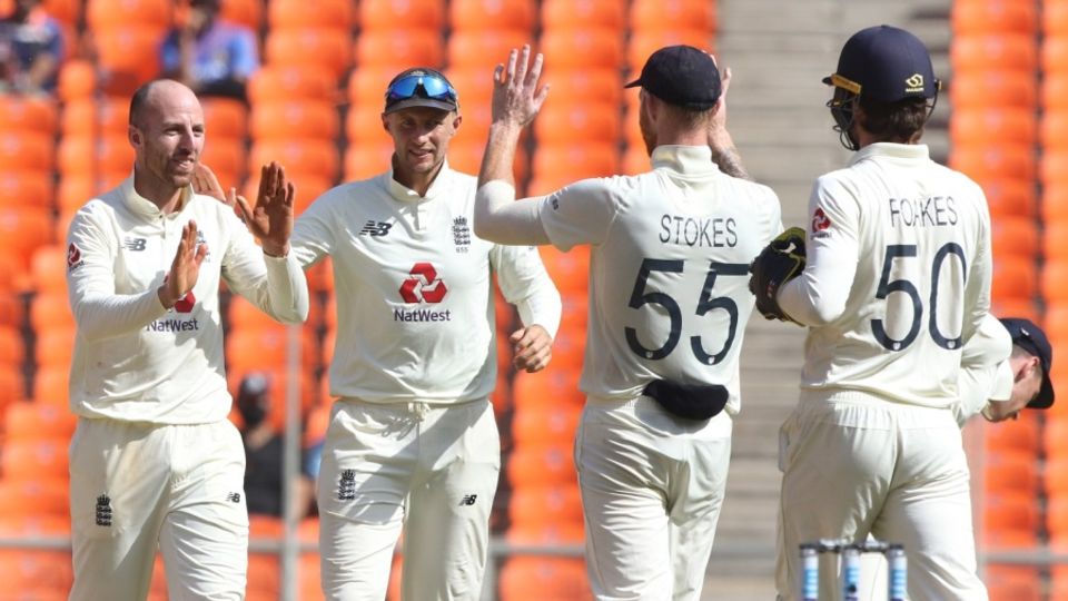 Jack Leach celebrates the wicket of Cheteshwar Pujara