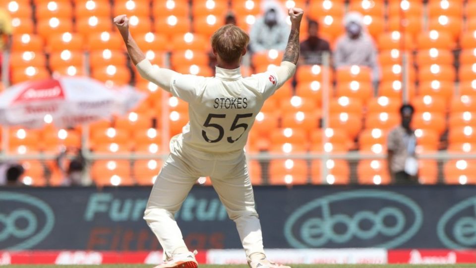 Ben Stokes celebrates after trapping Rohit Sharma