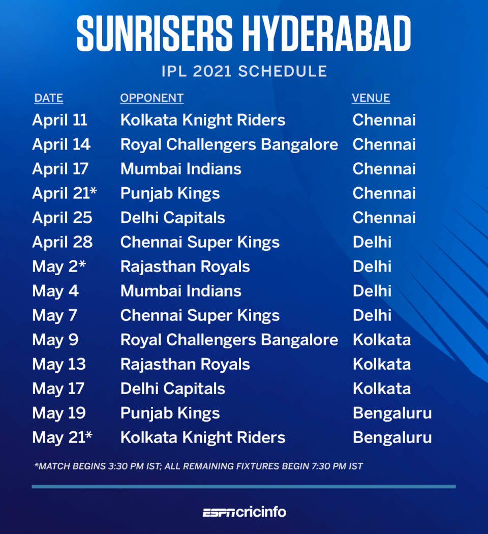Sunrisers Hyderabad's full schedule