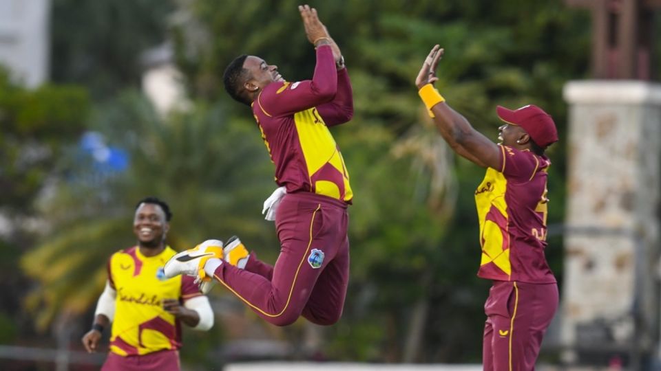 Fabian Allen leaps in joy after dismissing Danushka Gunathilaka