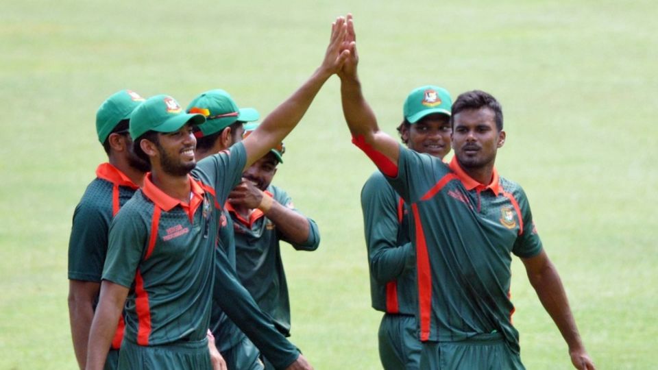 Bangladesh Emerging Team pacer Sumon Khan celebrates his four-wicket haul with his team-mates