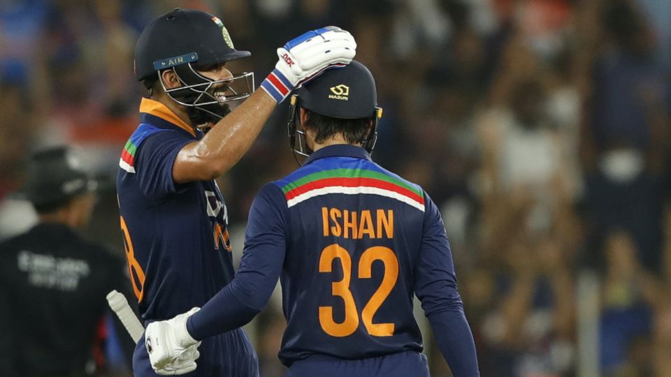 Ishan Kishan gets a pat from Virat Kohli after one of his monster hits