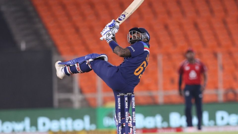 Suryakumar Yadav hits his first ball in international cricket for a six
