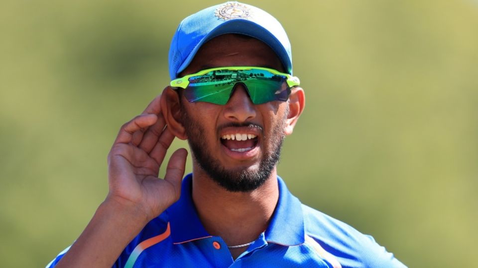 Prasidh Krishna reacts on the field during a game against England Lions