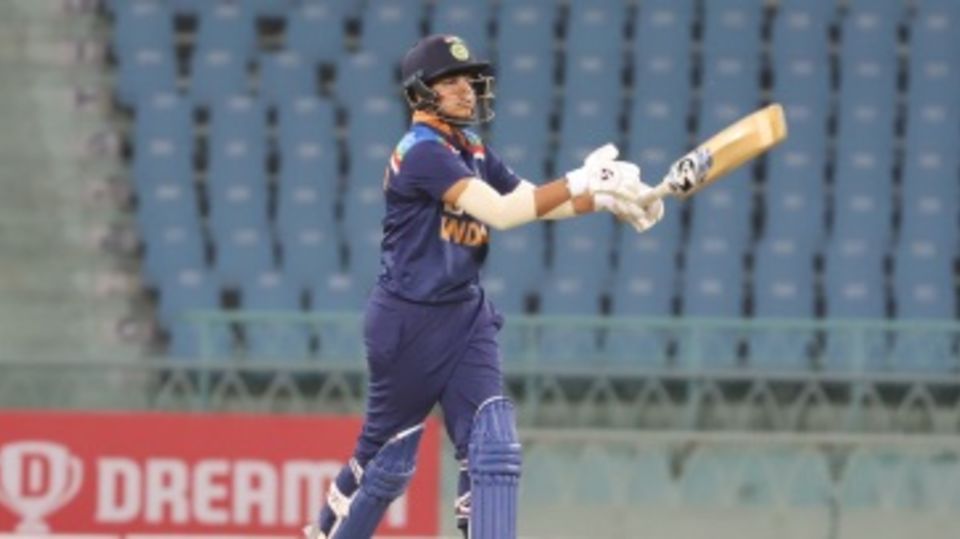 Shafali Verma smashes a short ball off the front foot