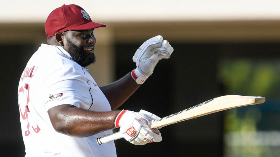 Rahkeem Cornwall cracks a smile after reaching his maiden Test half-century
