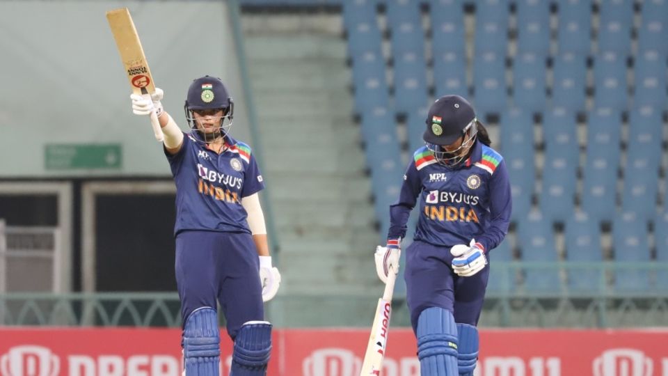 Shafali Verma celebrates her 26-ball fifty in opening partner Smriti Mandhana's company
