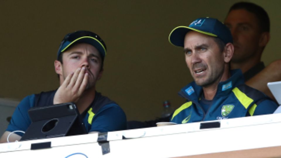 Travis Head and Justin Langer in conversation on the Australia balcony
