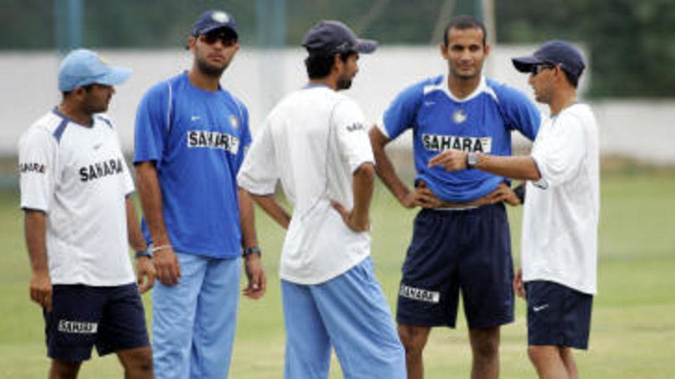 Virender Sehwag, Yuvraj Singh, Mohammed Kaif, Irfan Pathan and Ajit Agarkar speak during a practice session