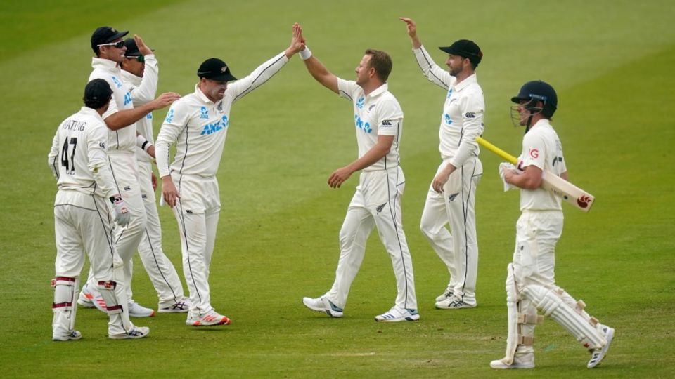 Neil Wagner celebrates with team-mates after claiming the wicket of Rory Burns