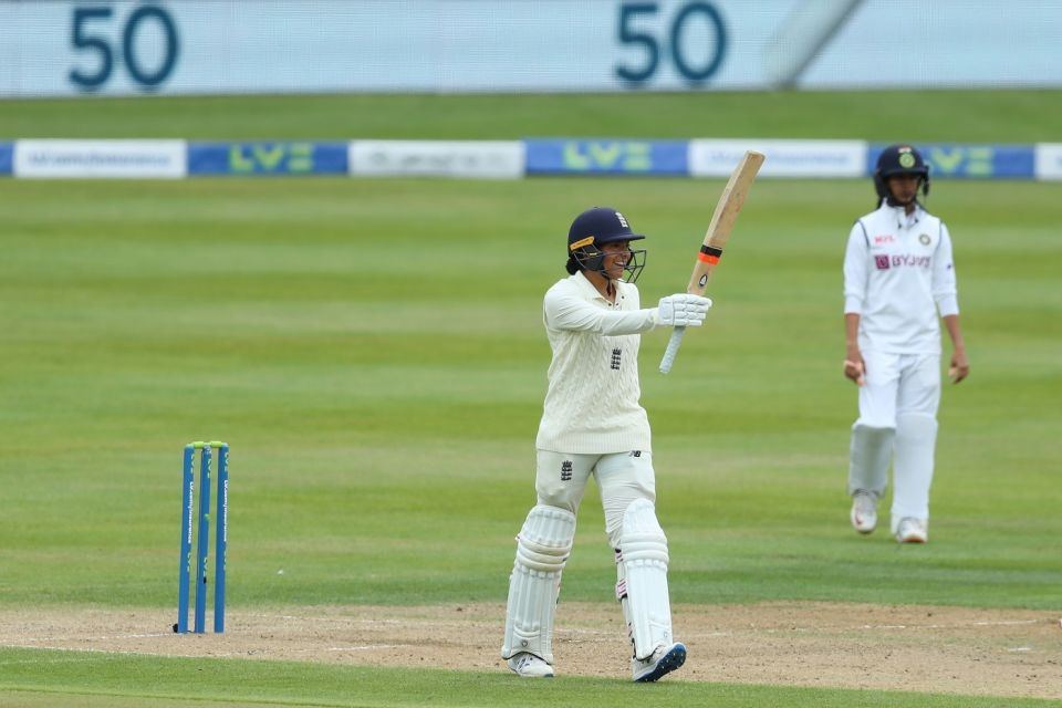 Sophia Dunkley celebrates her maiden Test half-century