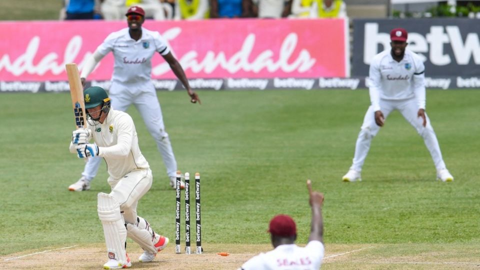 Rassie van der Dussen was bowled after shouldering arms to a Roach inducker