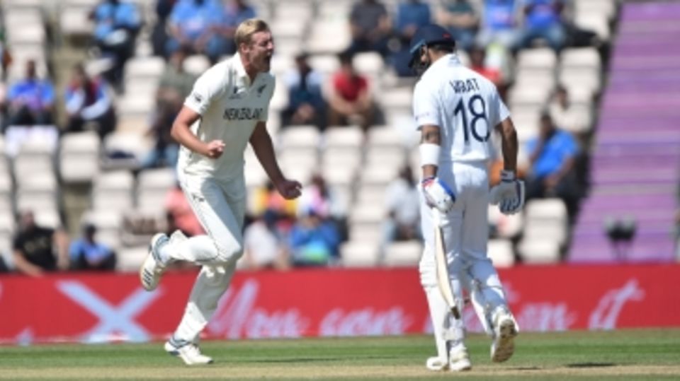 Kyle Jamieson is pumped up after getting rid of Virat Kohli