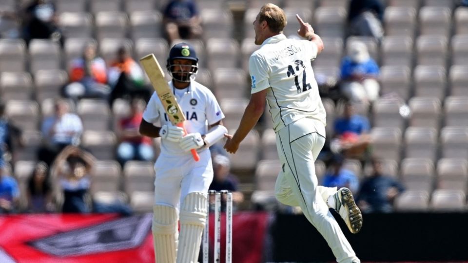 Kyle Jamieson celebrates after dismissing Cheteshwar Pujara