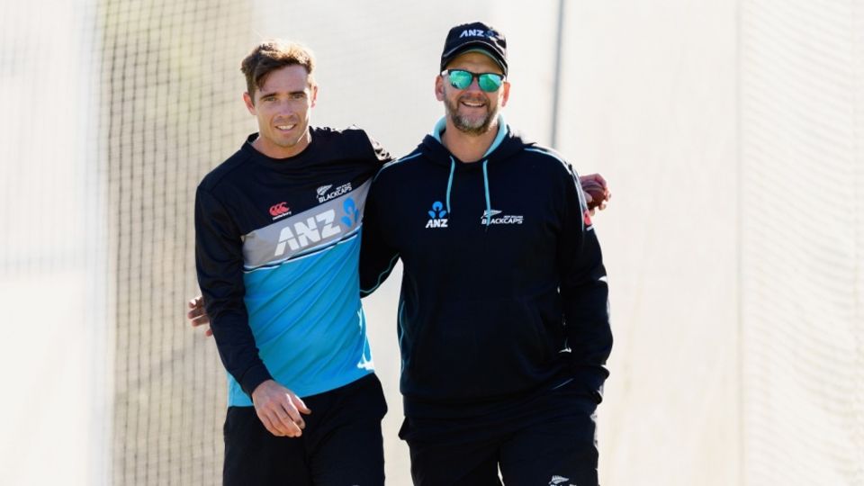 Tim Southee and Shane Jurgensen during a training session at the NZC High-Performance Centre
