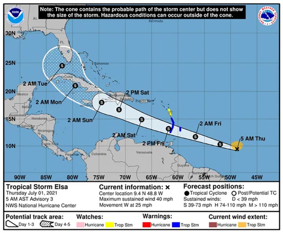 The predicted path of tropical storm Elsa