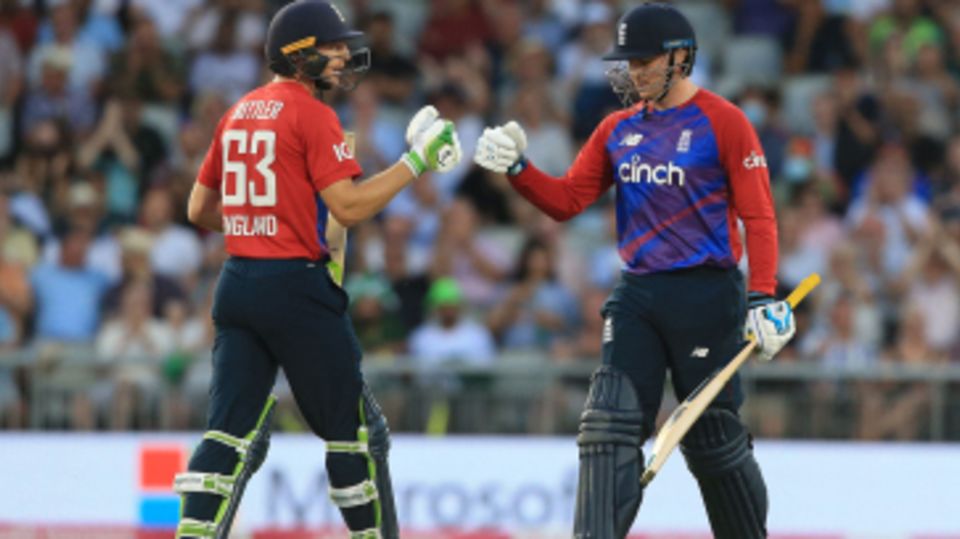 Jos Buttler and Jason Roy exchange a fist bump