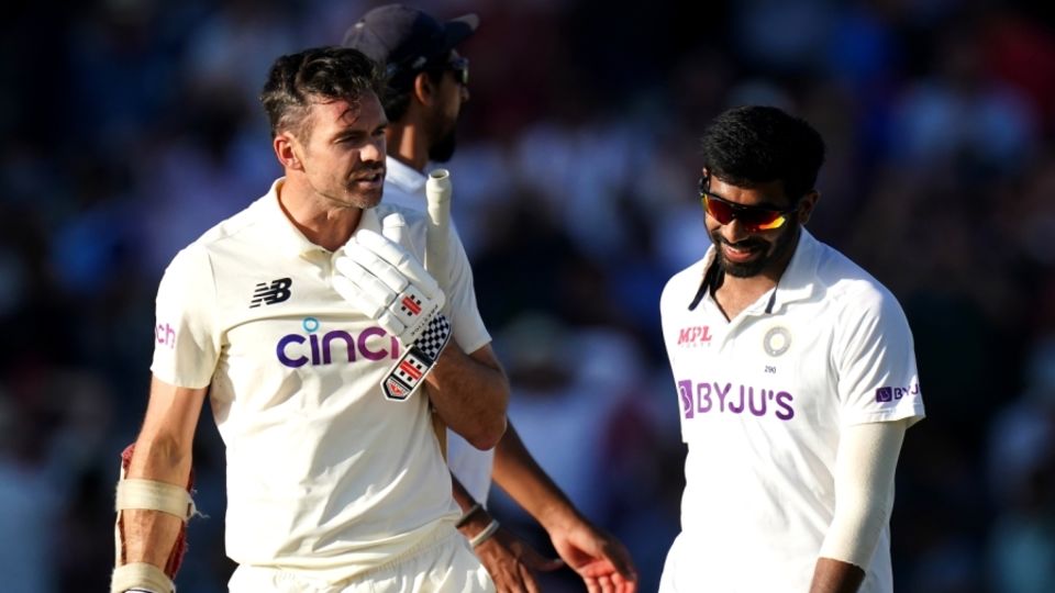 James Anderson has a chat with Jasprit Bumrah after being given a thorough working over by him
