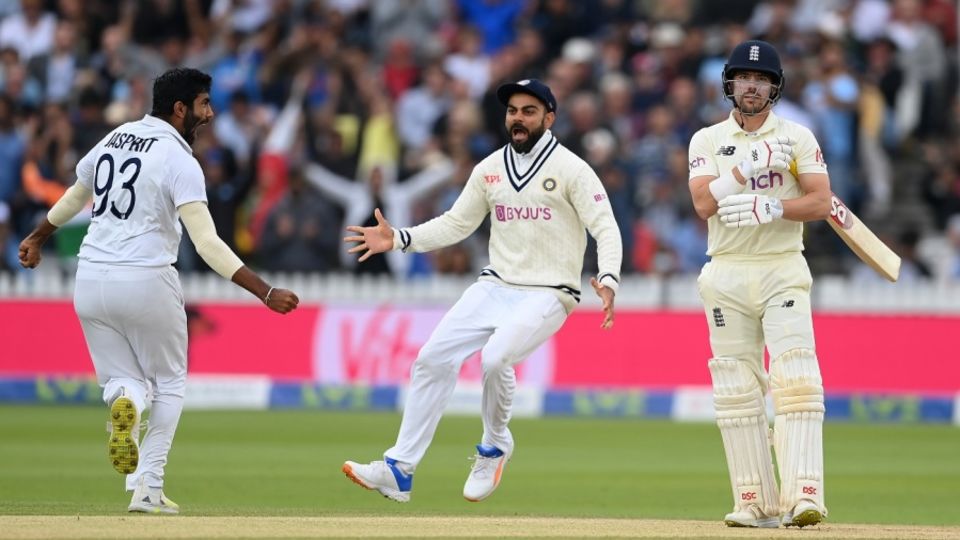 Jasprit Bumrah and Virat Kohli react to Rory Burns' early dismissal