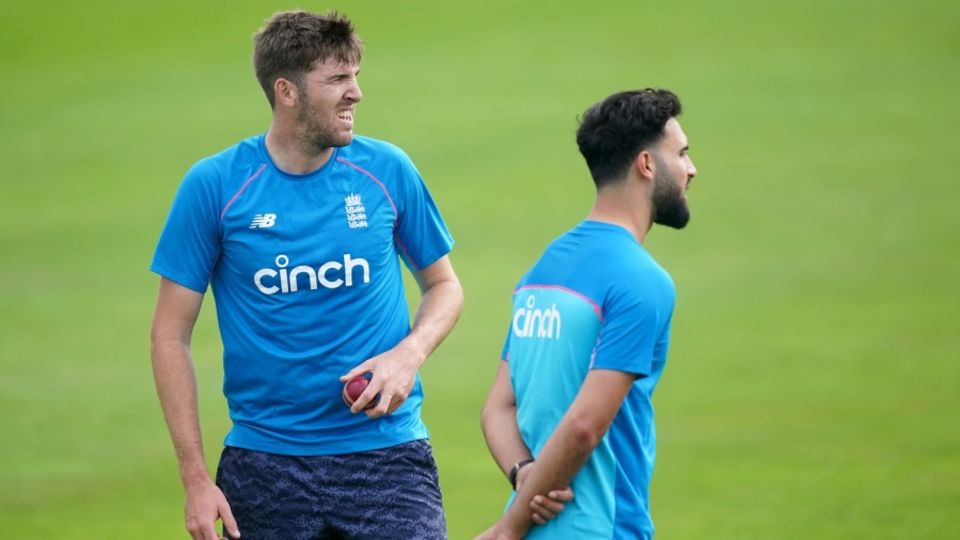 Craig Overton and Saqib Mahmood at England training
