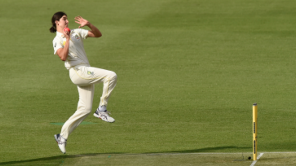 Stella Campbell bowling on Test debut