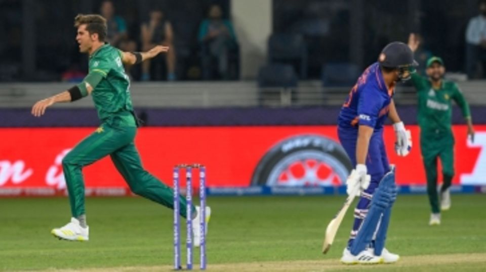 Shaheen Shah Afridi takes off after nabbing Rohit Sharma for a first-ball duck