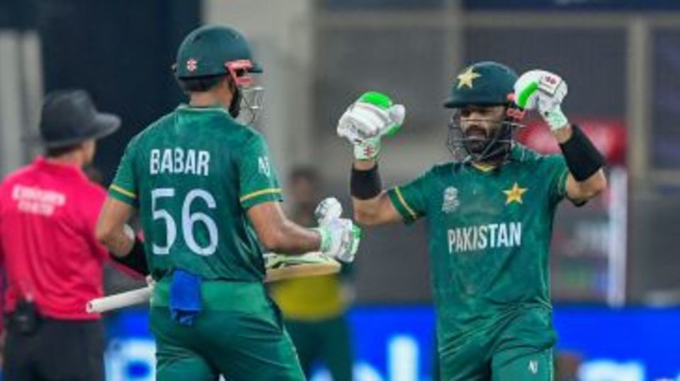 Mohammad Rizwan celebrates after reaching his half-century