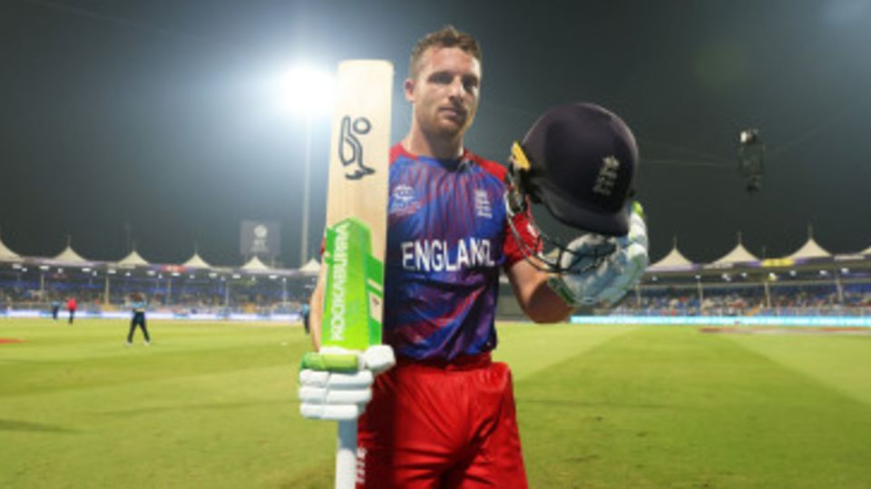 Jos Buttler hit a six off the final ball of the innings to bring up his maiden T20I ton